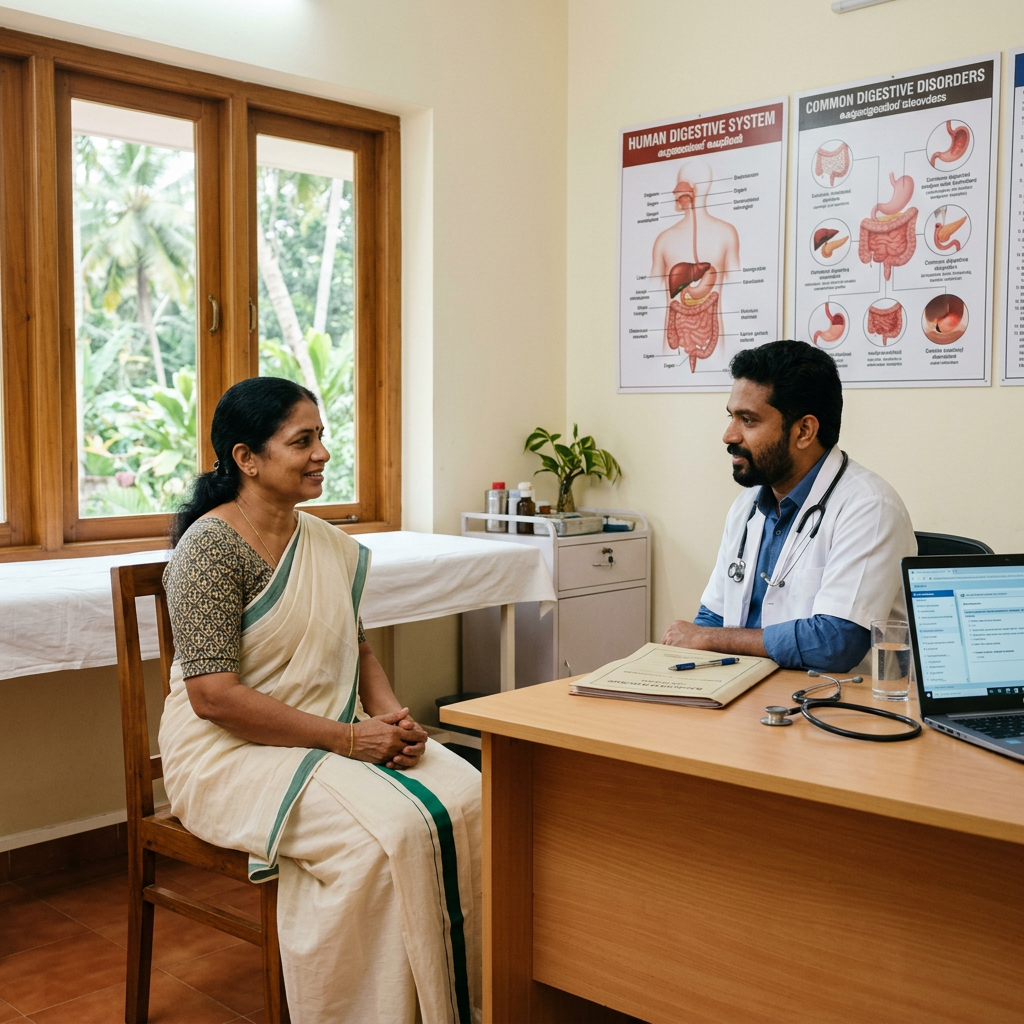 Doctor consulting female patient about digestive system in clinic